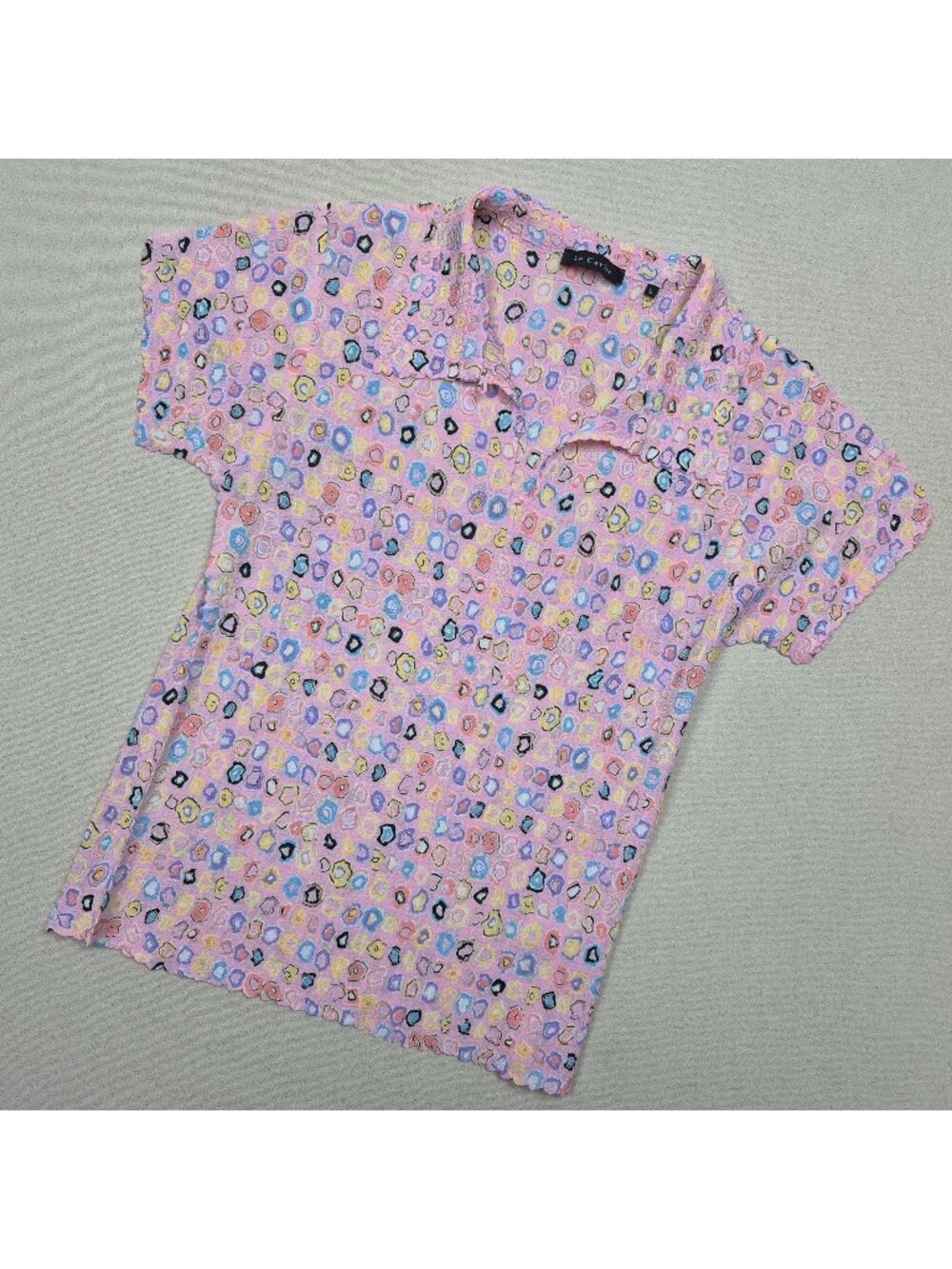 Le Caviar Womens Short Sleeve Pnk Abstract Stretchy Shirred Blouse Sz L 80s VTG